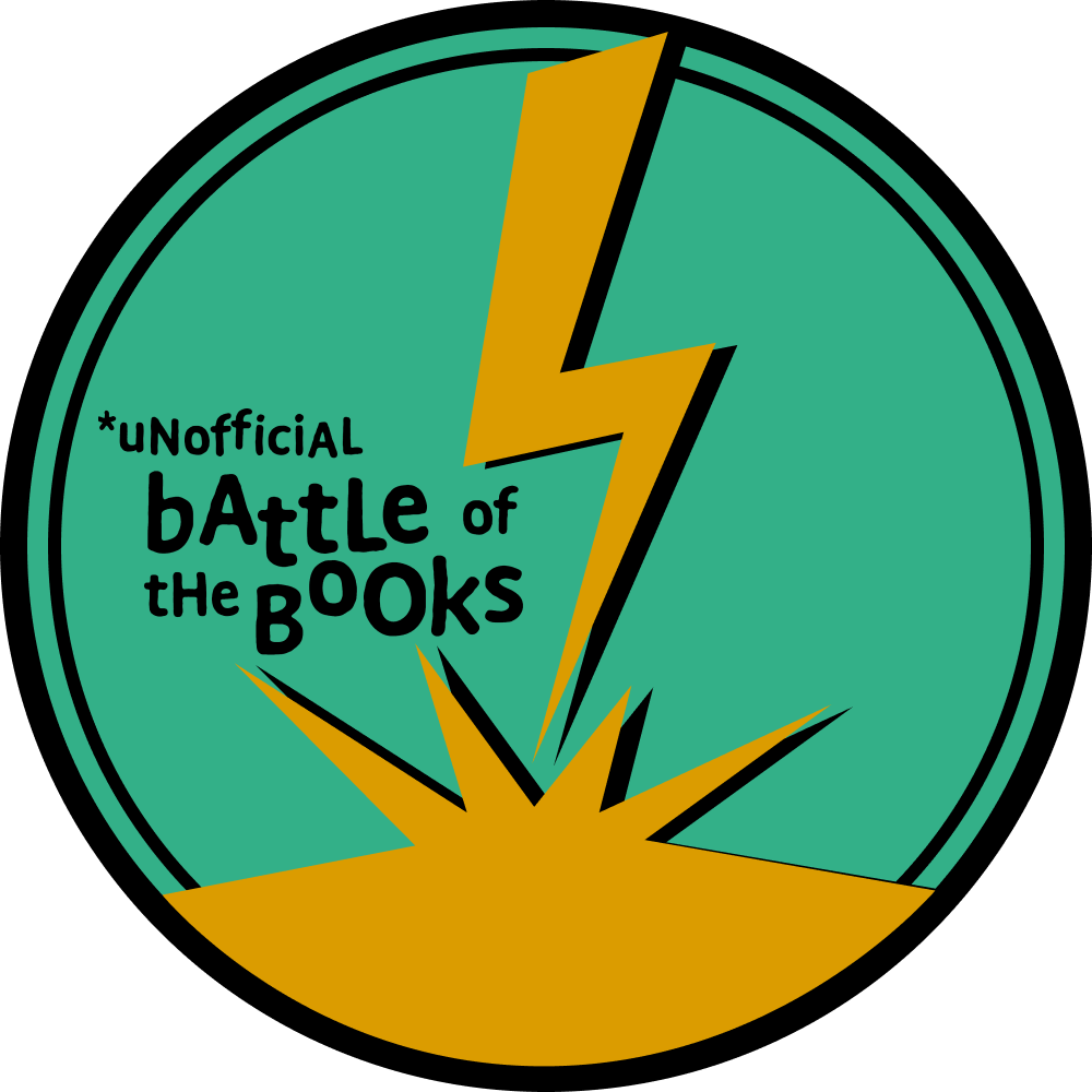 Illustration of a lightning bolt smashing on the ground inside a circle with a label that reads: unofficial battle of the books